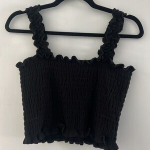 Reformation black cropped smocked top with ruffles | Size L